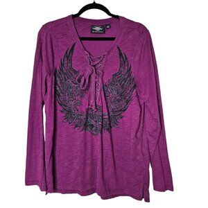 Harley Davidson Womens 1x Top Purple Long Sleeve Wings Lace Up Grunge Biker Y2K